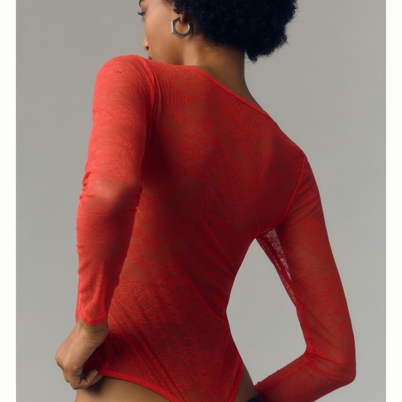 Anthropologie Harlowe Red Lace Bodysuit Deep Vee Thong Long Sleeve XL - Picture 2 of 7